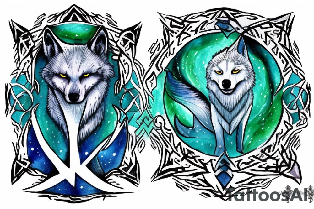 White wolf with blue green eyes in the winter portal with runes tattoo idea
