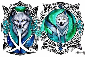 White wolf with blue green eyes in the winter portal with runes tattoo idea
