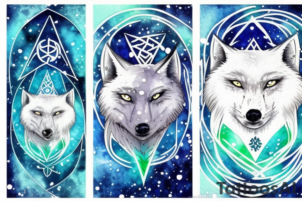 White wolf with blue green eyes in the winter portal with runes tattoo idea