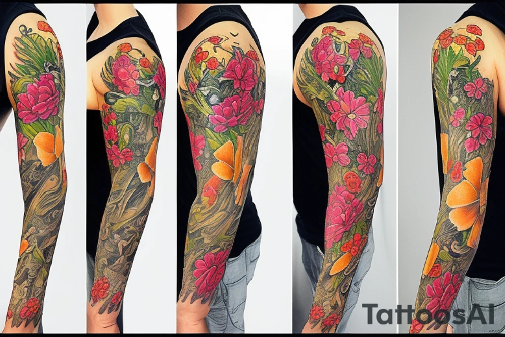 Flowers and butterflies sleeve arm tattoo tattoo idea