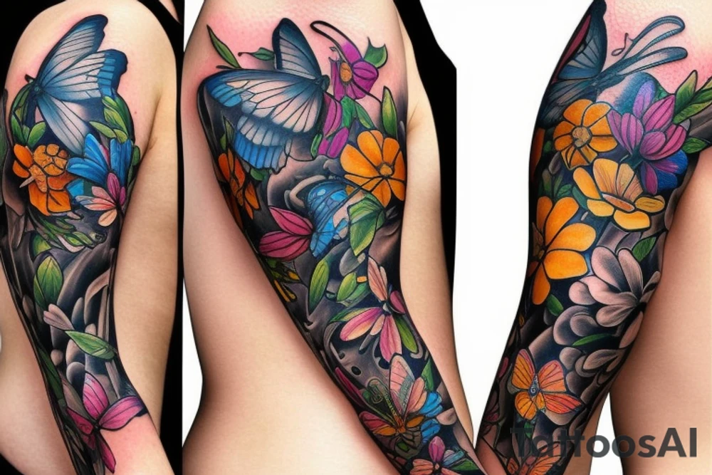 Flowers and butterflies sleeve arm tattoo tattoo idea