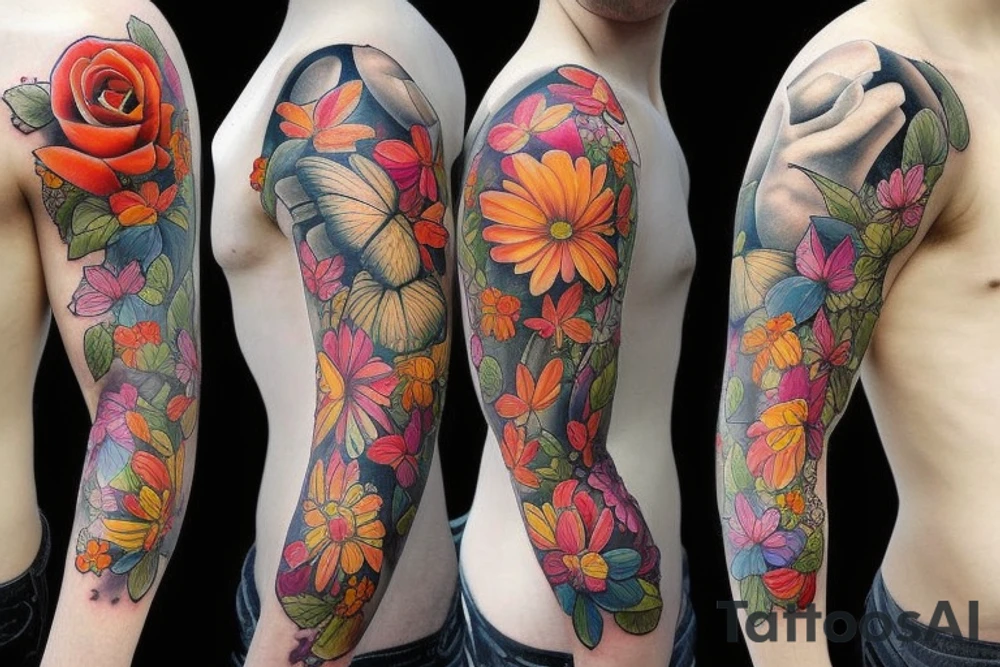 Flowers and butterflies sleeve tattoo idea