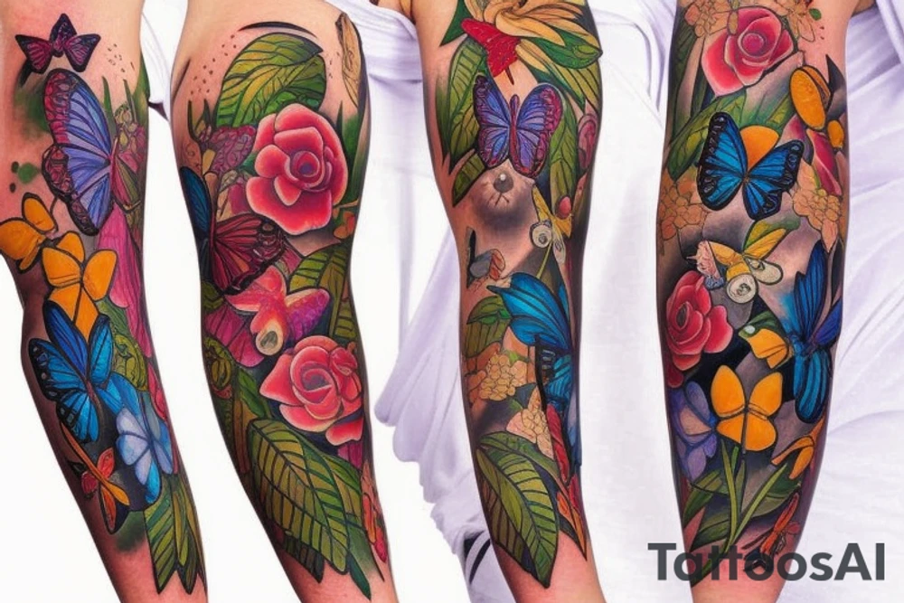 Flowers and butterflies sleeve tattoo idea