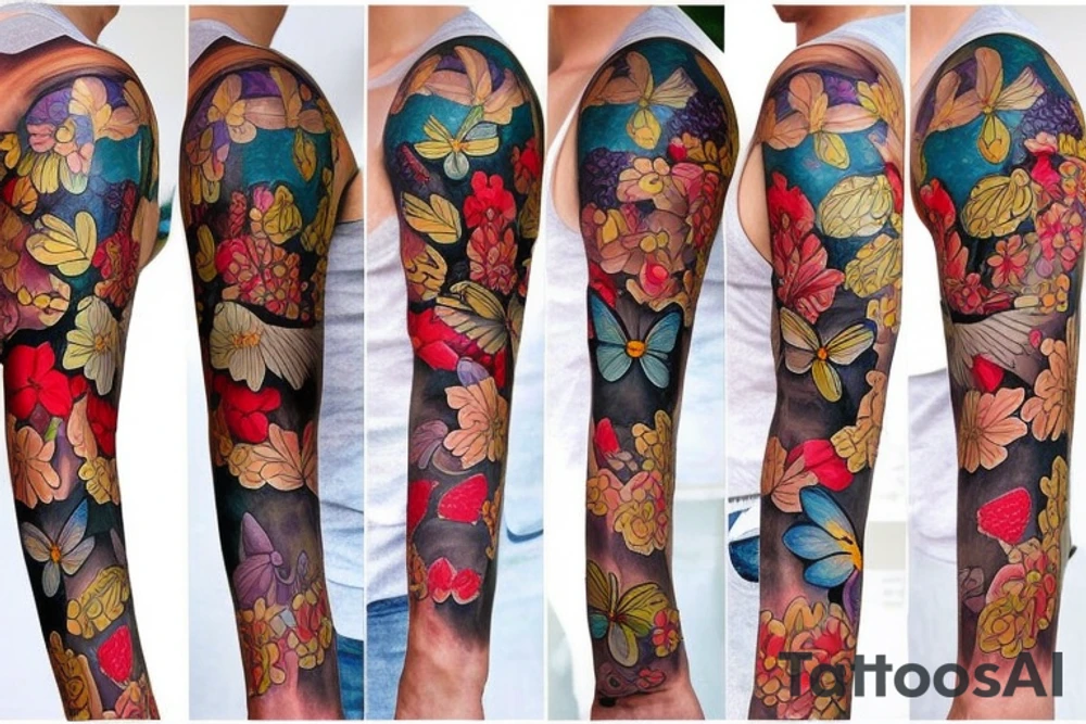 Flowers and butterflies sleeve tattoo idea
