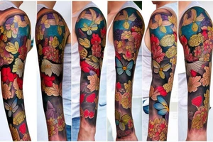 Flowers and butterflies sleeve tattoo idea