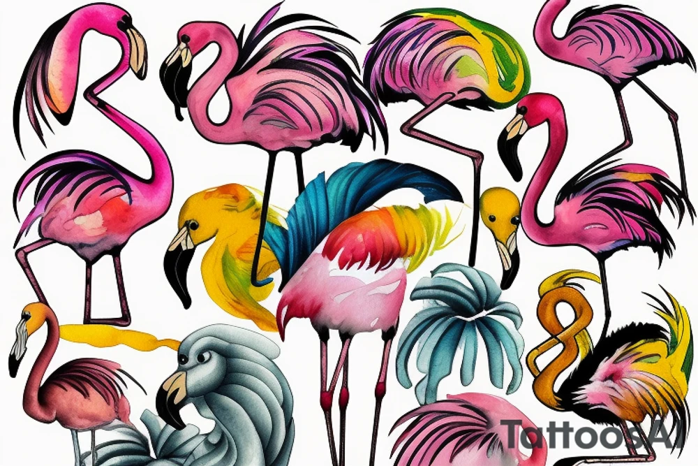 pink flamingo with yellow eyes tattoo idea