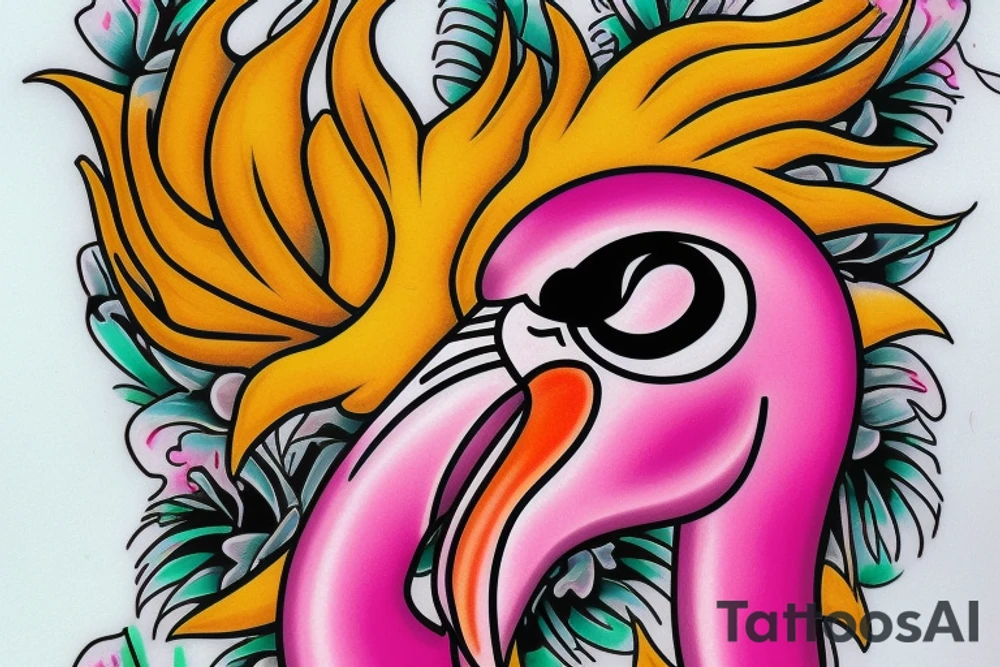 pink flamingo with yellow eyes tattoo idea