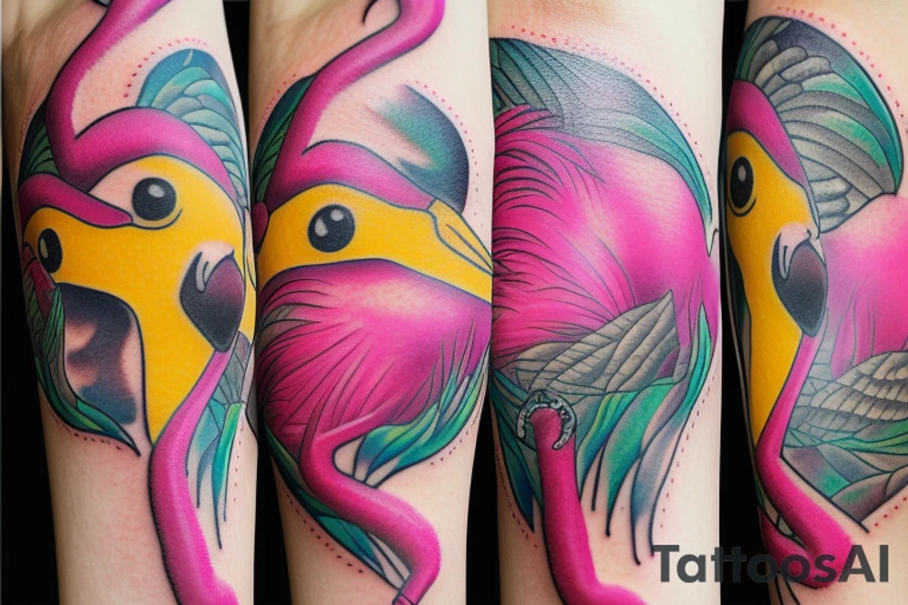pink flamingo with yellow eyes tattoo idea