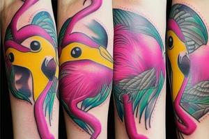pink flamingo with yellow eyes tattoo idea