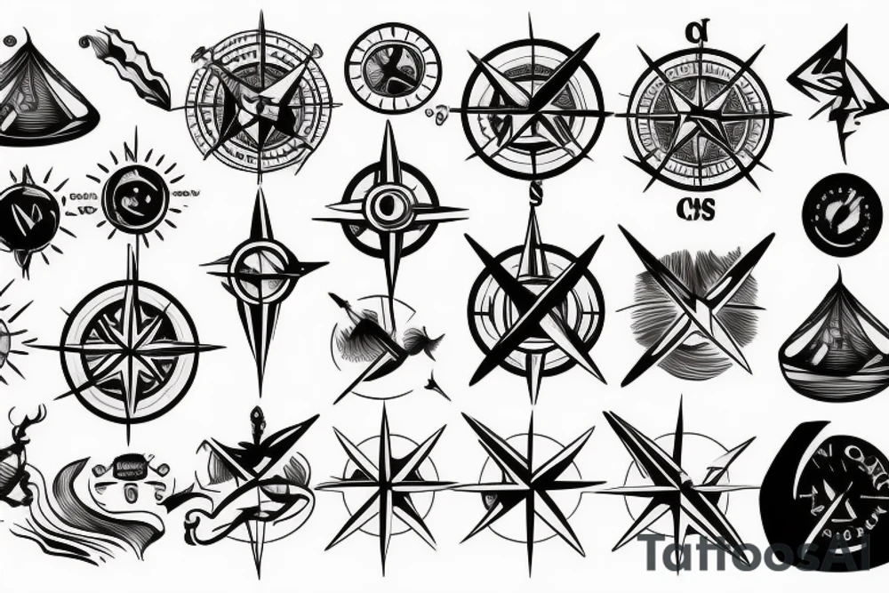 Compass, fire, tent, dog tattoo idea
