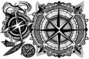 Compass, fire, tent, dog tattoo idea