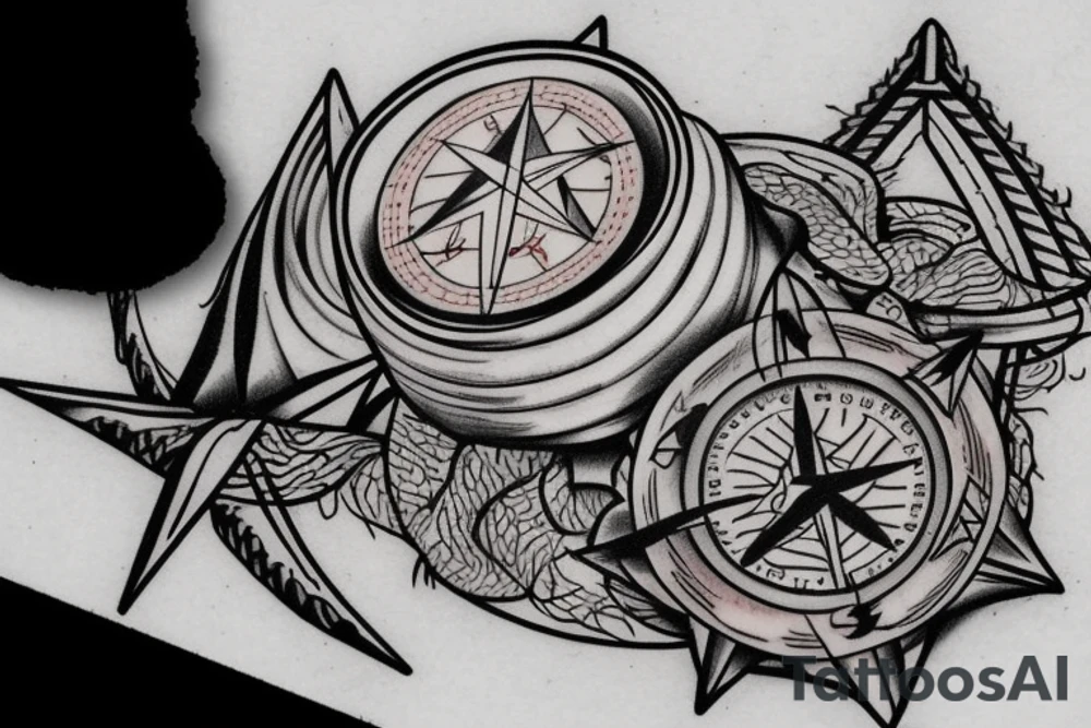fire, tent, compass, dog tattoo idea