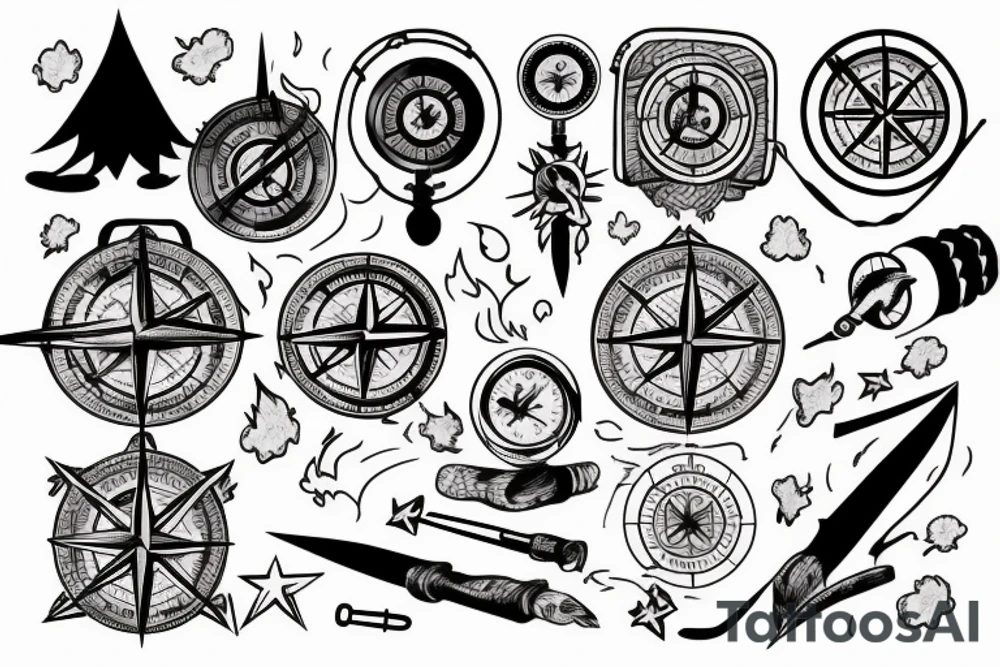 fire, tent, compass, dog tattoo idea