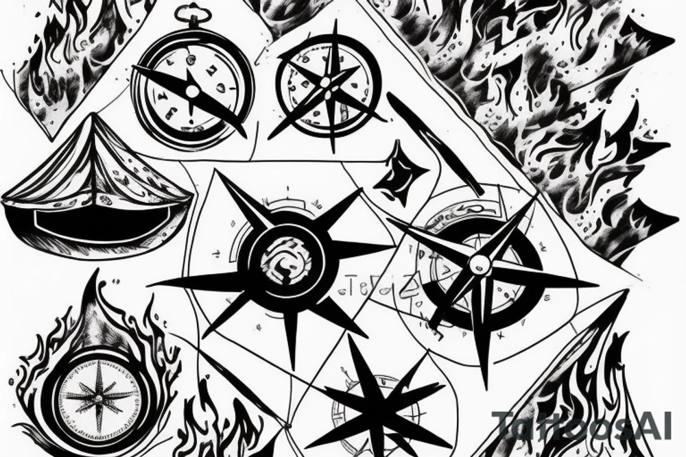 fire, tent, compass, dog tattoo idea