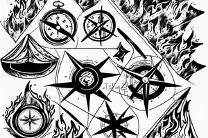fire, tent, compass, dog tattoo idea