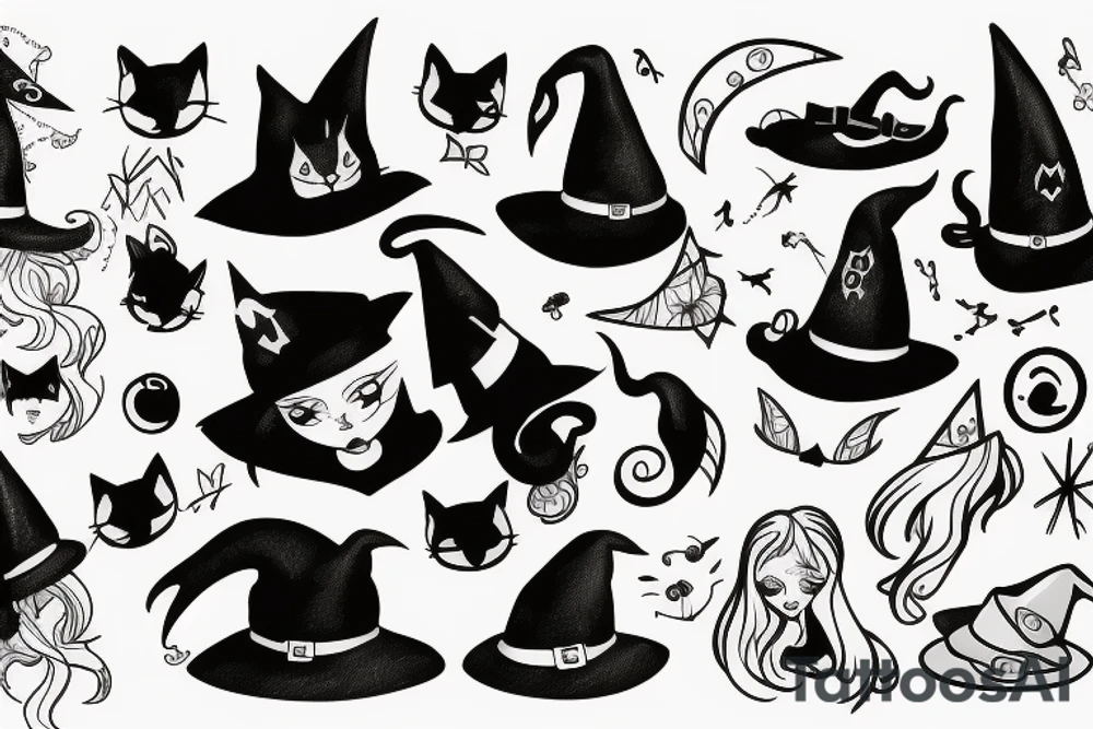 a black cat with a witch hat tattoo idea