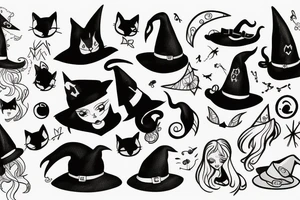 a black cat with a witch hat tattoo idea