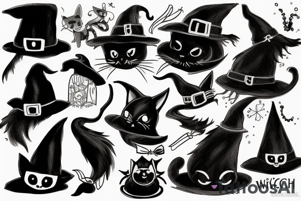 a black cat with a witch hat tattoo idea