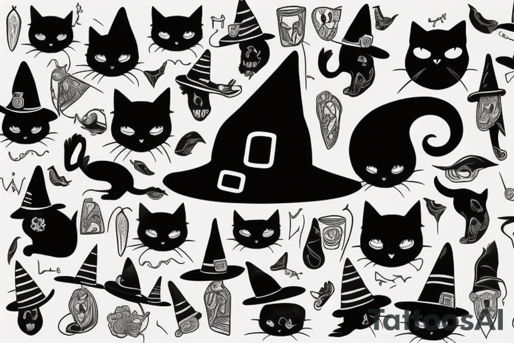 a black cat with a witch hat tattoo idea