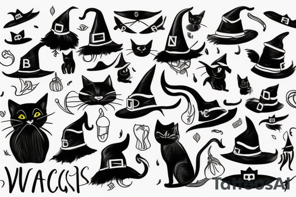 a black cat with a witch hat tattoo idea