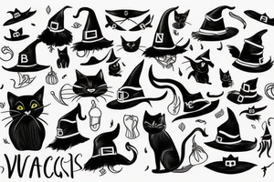 a black cat with a witch hat tattoo idea