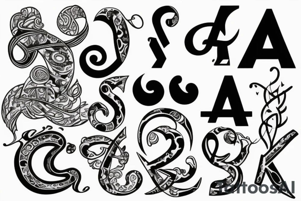Letter A with symbols of luck tattoo idea