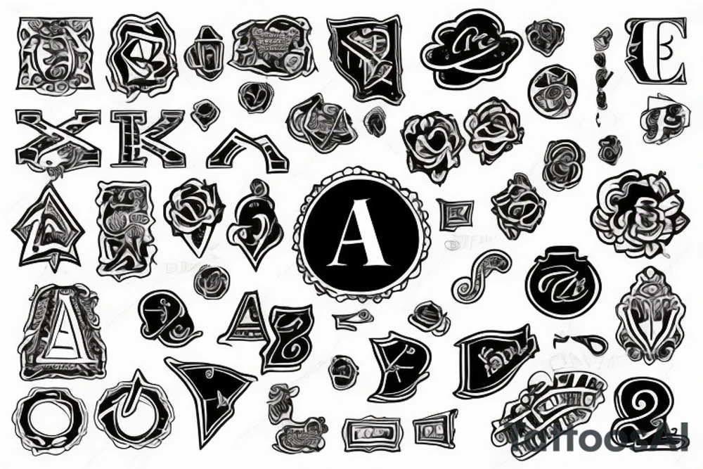 Letter A with symbols of luck tattoo idea