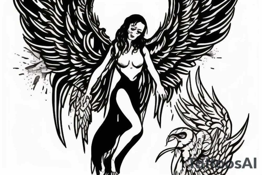 An angel with black wings descending into hell tattoo idea