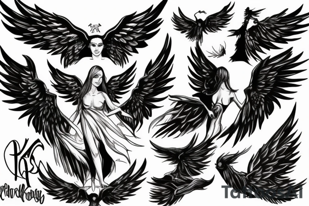 An angel with black wings descending into hell tattoo idea