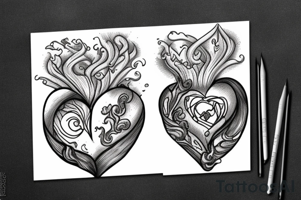 Half Fire heart and half water heart tattoo idea