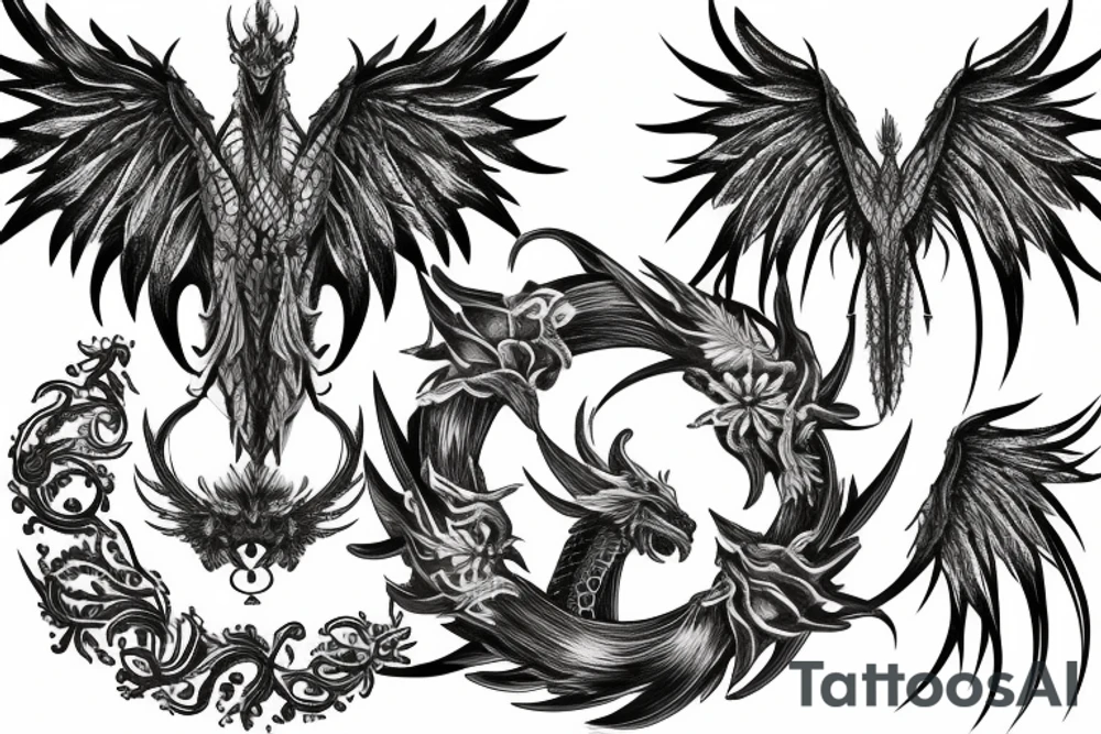 Two dragon side to side to spine and wings across wreath tattoo idea