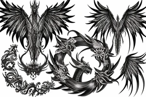 Two dragon side to side to spine and wings across wreath tattoo idea