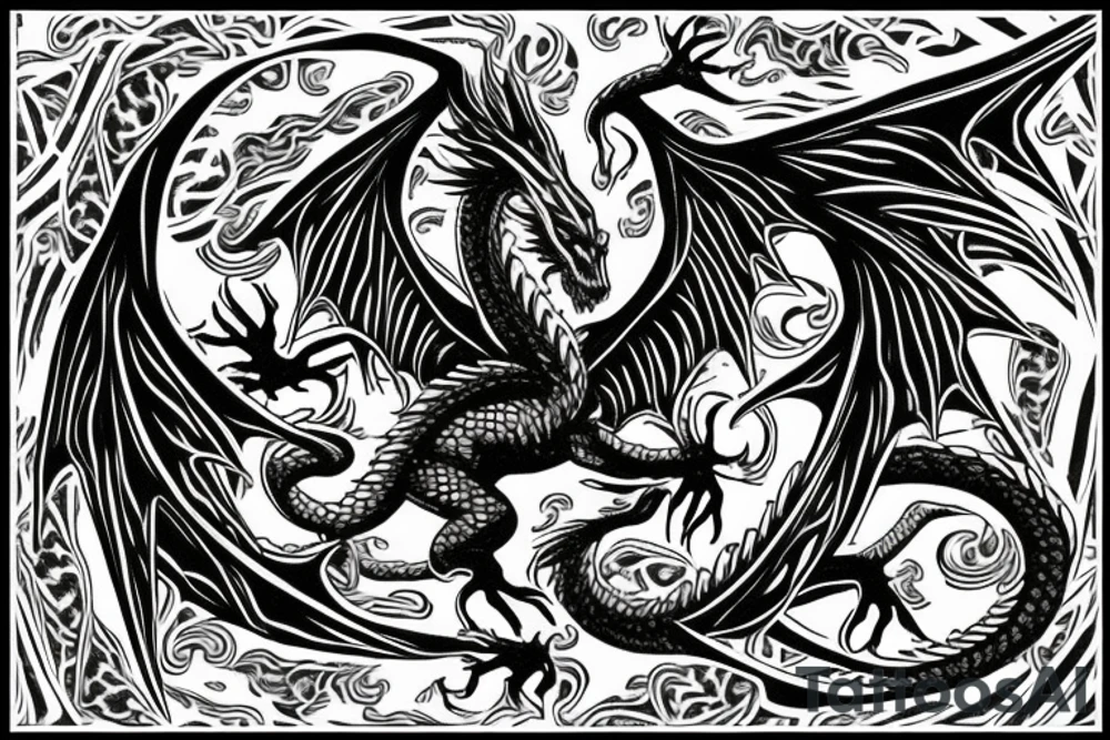 Two dragon side to side to spine and wings across wreath tattoo idea