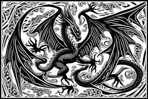 Two dragon side to side to spine and wings across wreath tattoo idea