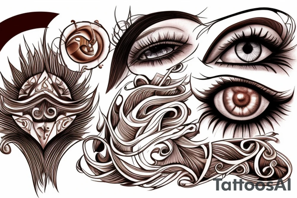 A brown, caramel-colored eye that will be located in the center of a mix of black and white composed of clouds and fine lines. tattoo idea