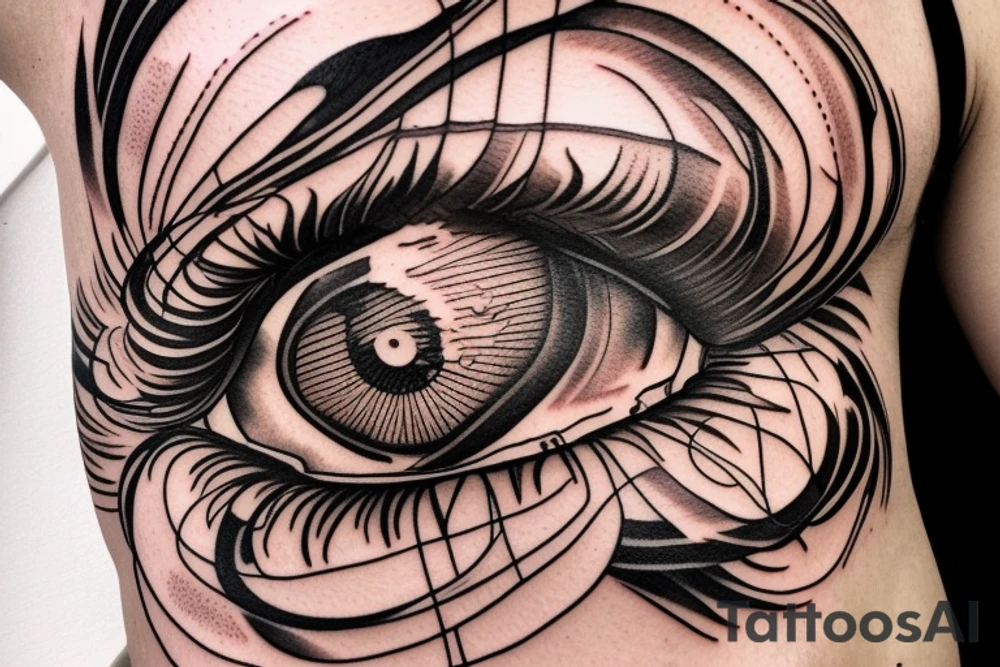 A brown, caramel-colored eye that will be located in the center of a mix of black and white composed of clouds and fine lines. tattoo idea
