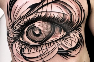 A brown, caramel-colored eye that will be located in the center of a mix of black and white composed of clouds and fine lines. tattoo idea