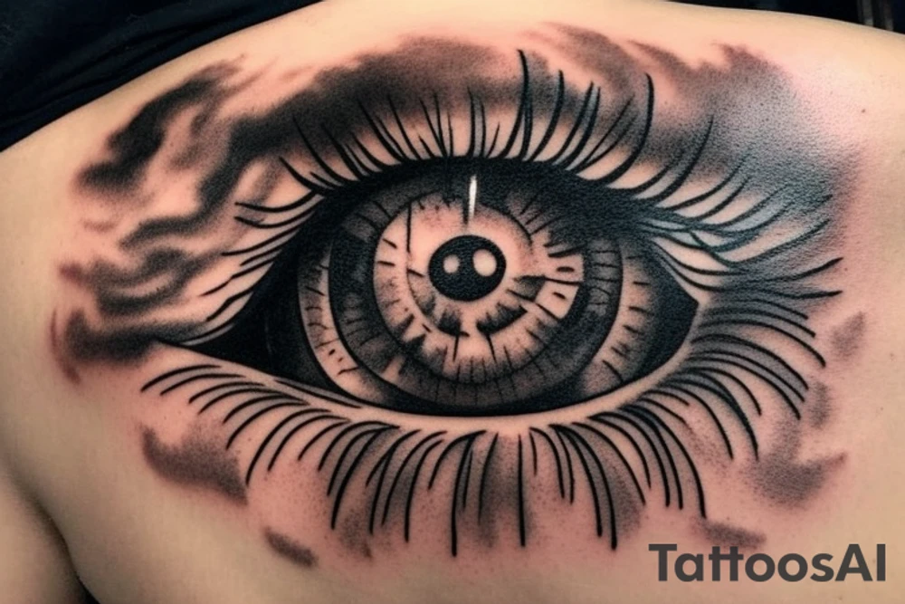 A brown, caramel-colored eye that will be located in the center of a mix of black and white composed of clouds and fine lines.  I want a lot of cloud tattoo idea