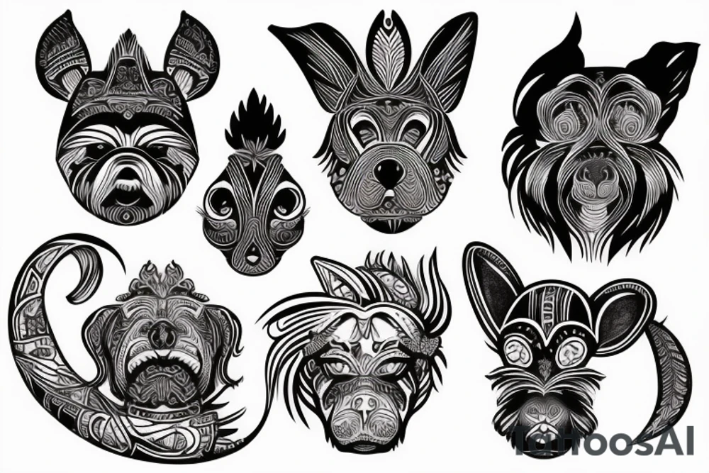 Tribal tattoo of a dog, a rabbit, a monkey, and a rooster. tattoo idea