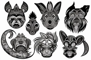 Tribal tattoo of a dog, a rabbit, a monkey, and a rooster. tattoo idea