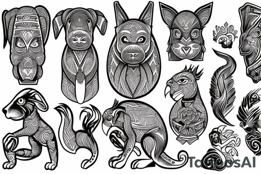 Tribal tattoo of a dog, a rabbit, a monkey, and a rooster. tattoo idea