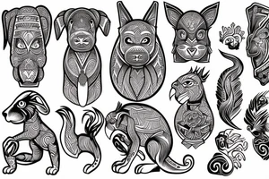 Tribal tattoo of a dog, a rabbit, a monkey, and a rooster. tattoo idea