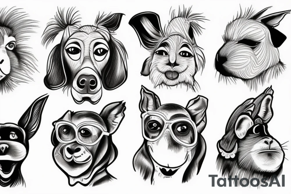 a dog, a rabbit, a monkey, and a rooster. tattoo idea