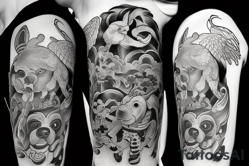 A Cross with a dog, a rabbit, a monkey, and a rooster. tattoo idea