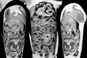 A Cross with a dog, a rabbit, a monkey, and a rooster. tattoo idea