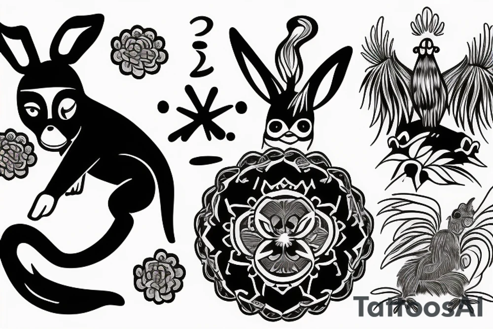 A Cross with a dog, a rabbit, a monkey, and a rooster. tattoo idea