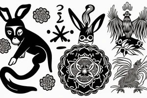 A Cross with a dog, a rabbit, a monkey, and a rooster. tattoo idea
