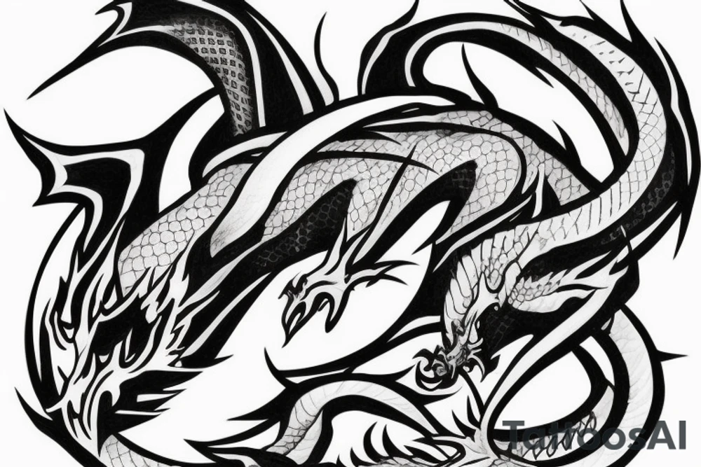dragon with sword and flames tattoo idea