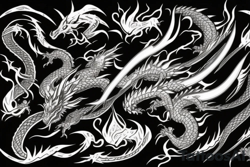 dragon with sword and flames tattoo idea