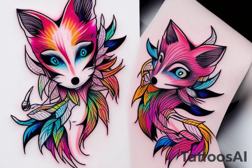 Neon Kawai fox girl tattoo idea